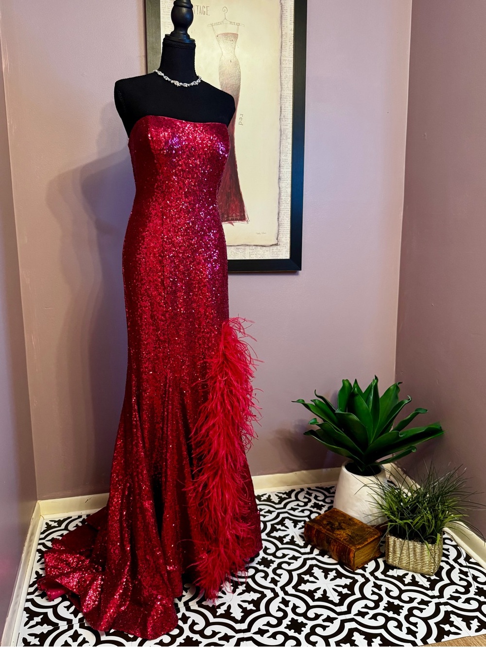 Sherri Hill Red Strapless Sequin Gown with Feather Accent